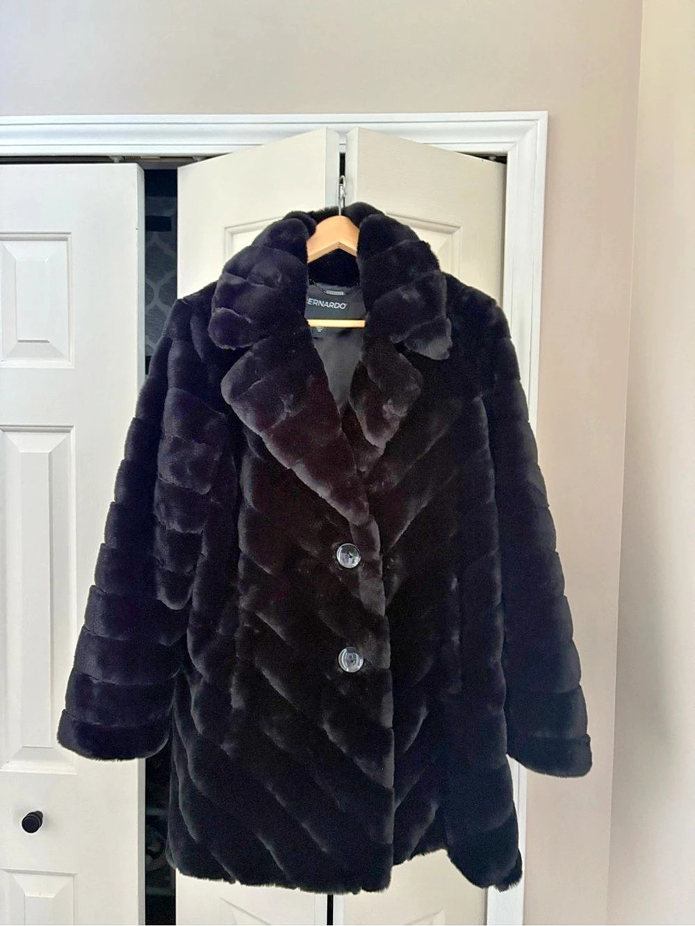 Bernardo Chevron-Sculpted Faux Fur Coat Black
